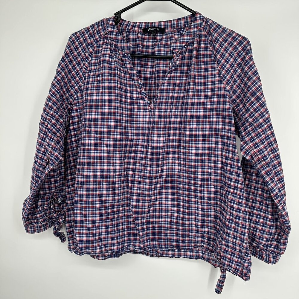 Madewell Women's Whitney Plaid Blouse Size Medium Linen blend Tie Sleeve